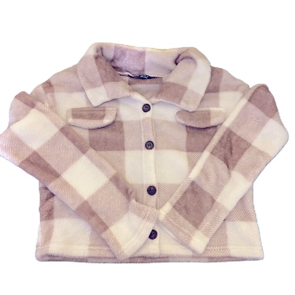 Teddy Bear Jacket Buffalo Plaid With Faux Flap Pocket Teddy Tan and White - Picture 3 of 9